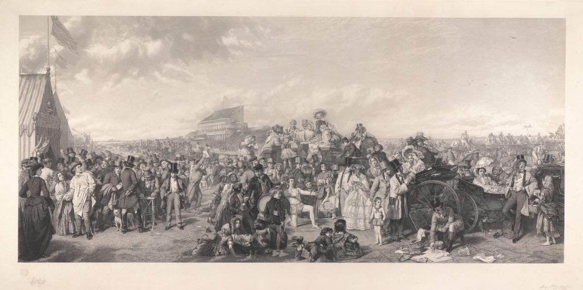 "Derby Day," circa 1858, by Auguste Blanchard after William Powell Frith. Engraving; 19 7/8 inches by 43 7/8 inches. Paul Mellon Collection at Yale Center for British Art, New Haven. (Public Domain)
