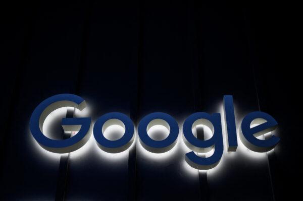A photo shows the logo sign of Google at their stand ahead of the World Economic Forum (WEF) annual meeting in Davos, Switzerland on May 22, 2022. (FABRICE COFFRINI/AFP via Getty Images)