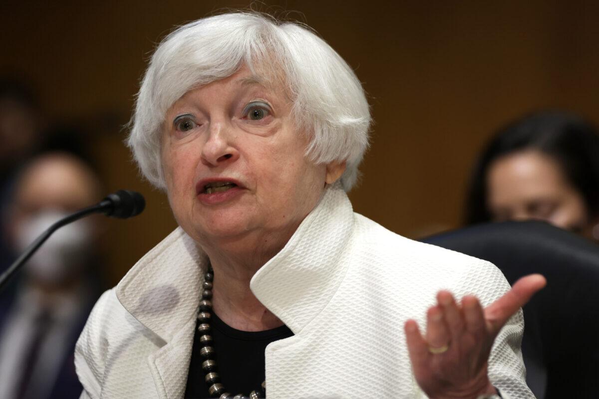 Secretary of the Treasury Janet Yellen testifies during a hearing before Senate Finance Committee at Dirksen Senate Office Building on Capitol Hill in Washington on June 7, 2022. (Alex Wong/Getty Images)