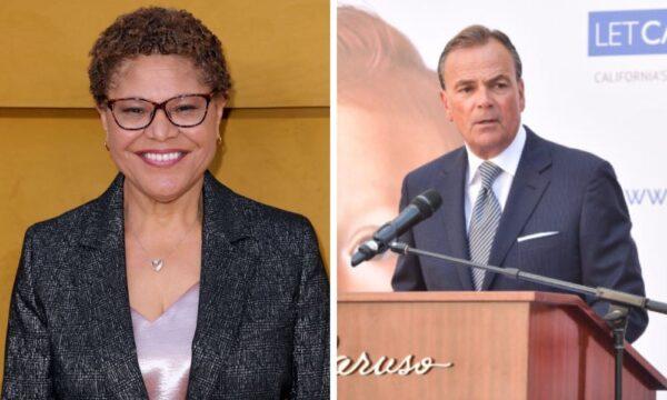 (L) Karen Bass in Los Angeles on April 14, 2022 in Los Angeles, California. (Leon Bennett/Getty Images)<br/>(R) Rick Caruso in Los Angeles on Aug. 12, 2019. (Matt Winkelmeyer/Getty Images for Caruso)