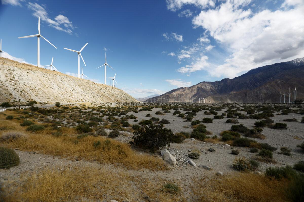 Wind turbines operate at a wind farm, a key power source for the Coachella Valley, in Whitewater, Calif., on May 6, 2019. (Mario Tama/Getty Images)