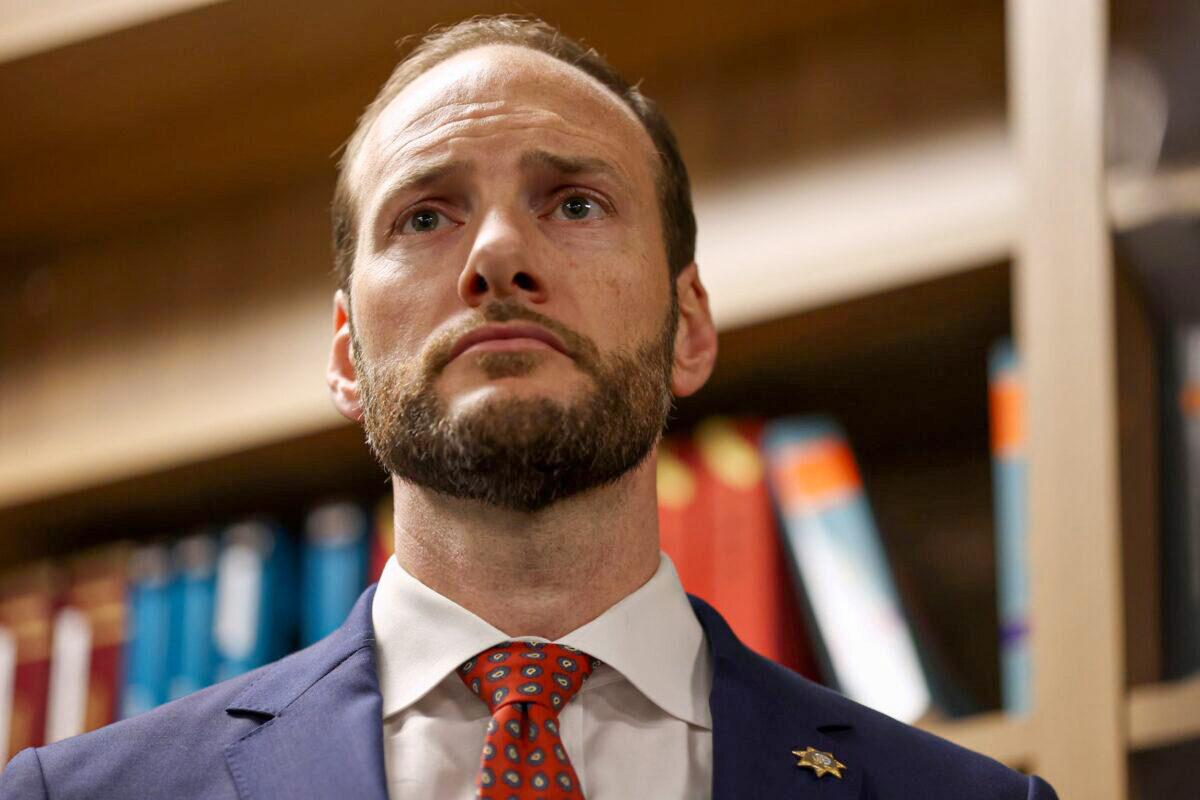 San Francisco District Attorney Chesa Boudin looks on during a news conference in San Francisco, Calif., on May 10, 2022. (Justin Sullivan/Getty Images)