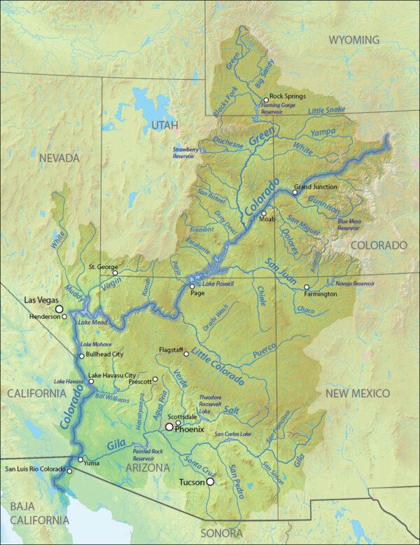 Water starts in Wyoming and Colorado and then flows to several states, and Mexico. (U.S. Geological Survey/Public Domain)