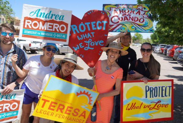 Third District Democrat congresswoman Teresa Fernandez rallies activists at a polling place in Santa Fe, New Mexico, on June 7, 2022. (Steven Kovac/The Epoch Times)