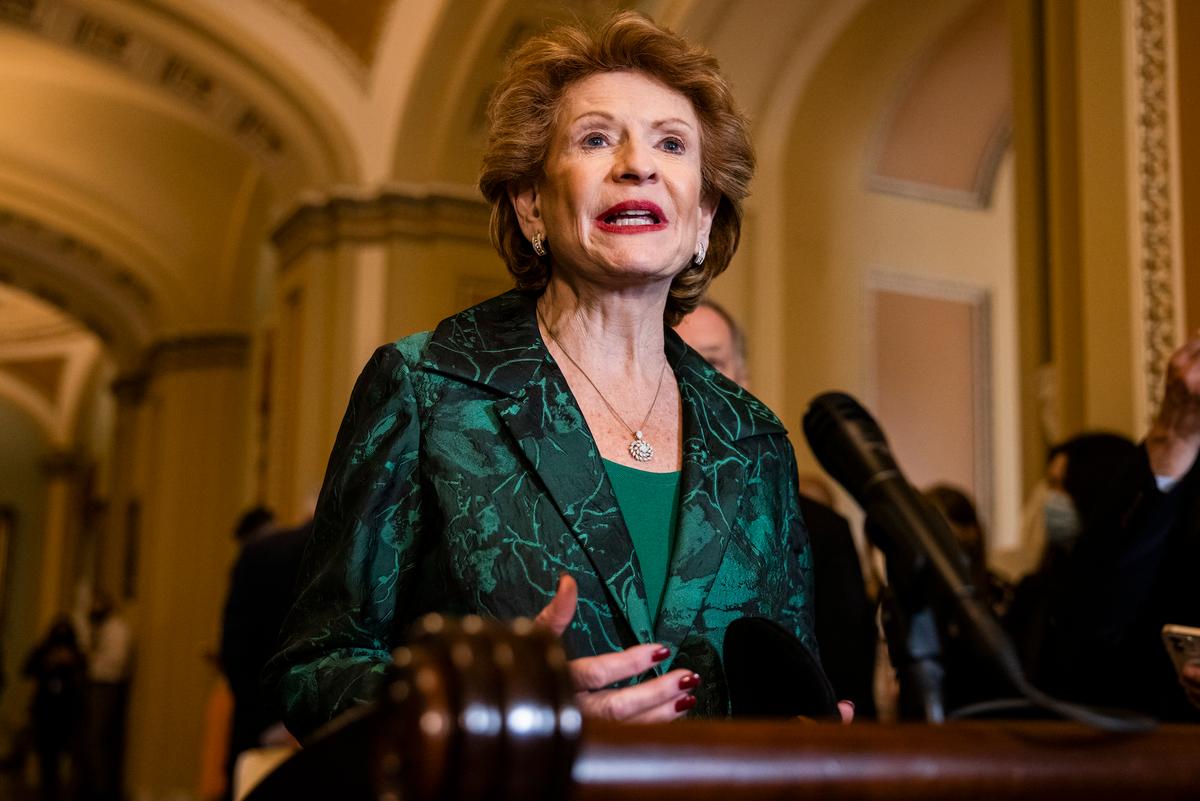 Sen. Debbie Stabenow (D-MI) talks during a press conference following the Democrats Policy Luncheon at the U.S. Capitol building on Oct. 26, 2021. (Samuel Corum/Getty Images)