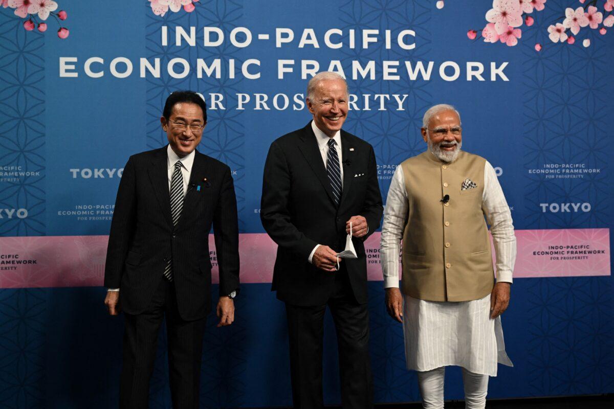 Japanese Prime Minister Fumio Kishida, U.S. President Joe Biden, and Indian Prime Minister Narendra Modi attend the Indo-Pacific Economic Framework for Prosperity at the Izumi Garden Gallery in Tokyo on May 23, 2022. (Saul Loeb/AFP via Getty Images)