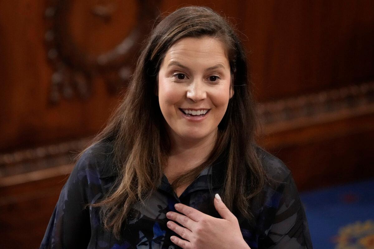 Rep. Elise Stefanik (R-N.Y.) awaits the arrival of Greek Prime Minister Kyriakos Mitsotakis in the House Chamber of the U.S. Capitol in Washington on May 17, 2022. (Drew Angerer/Getty Images)