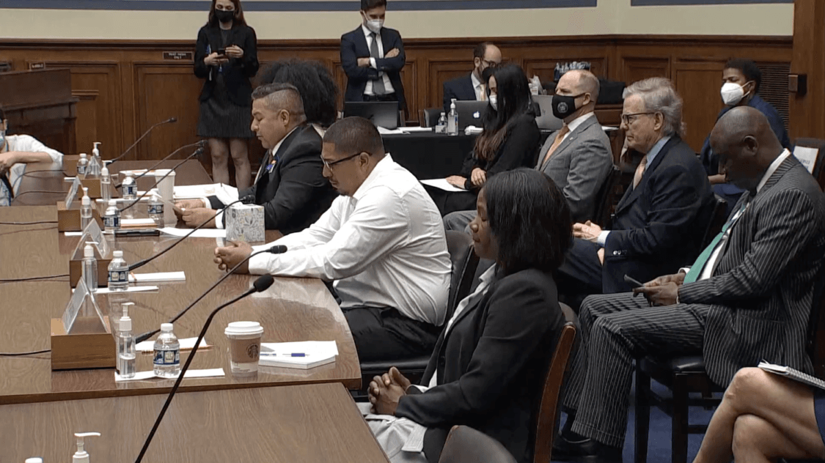 A screenshot from Reuters of parents of victims of the Uvalde and Buffalo shootings testifying before a House panel, on June 8, 2022. (Screenshot via NTD)