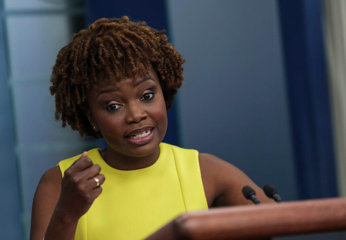 White House press secretary Karine Jean-Pierre speaks to reporters at the White House in Washington on June 2, 2022. (Kevin Dietsch/Getty Images)