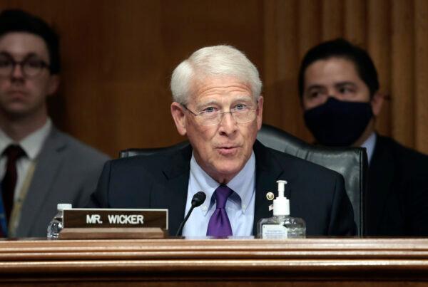 Sen. Roger Wicker (R-Miss.) speaks during a hearing with the Helsinki Commission in the Dirksen Senate Office Building in Washington on March 23, 2022. (Anna Moneymaker/Getty Images)