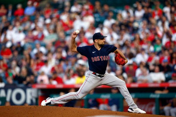 Nathan Eovaldi #17 of the Boston Red Sox throws against the Los Angeles Angels in the first inning at Angel Stadium of Anaheim, in Anaheim, on June 8, 2022. (Ronald Martinez/Getty Images)