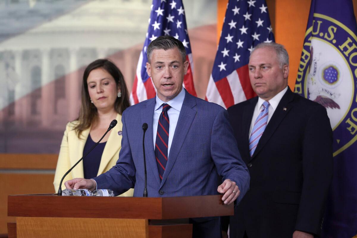 Rep. Jim Banks (R-Ind.) speaks at a press conference following a Republican caucus meeting at the U.S. Capitol, in Washington, on June 8, 2022. (Kevin Dietsch/Getty Images)