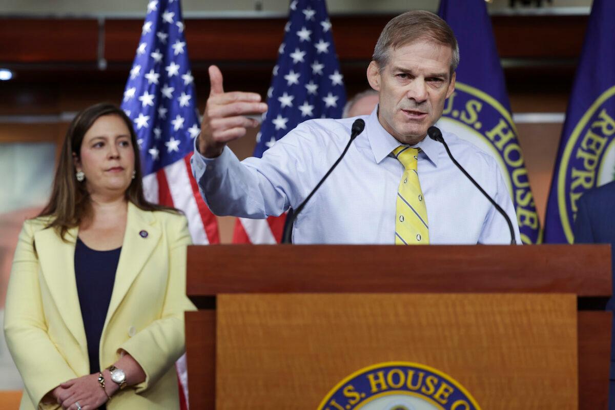 Rep Jim Jordan (R-Ohio) speaks at a press conference following a Republican caucus meeting at the U.S. Capitol in Washington, on June 8, 2022. (Kevin Dietsch/Getty Images)