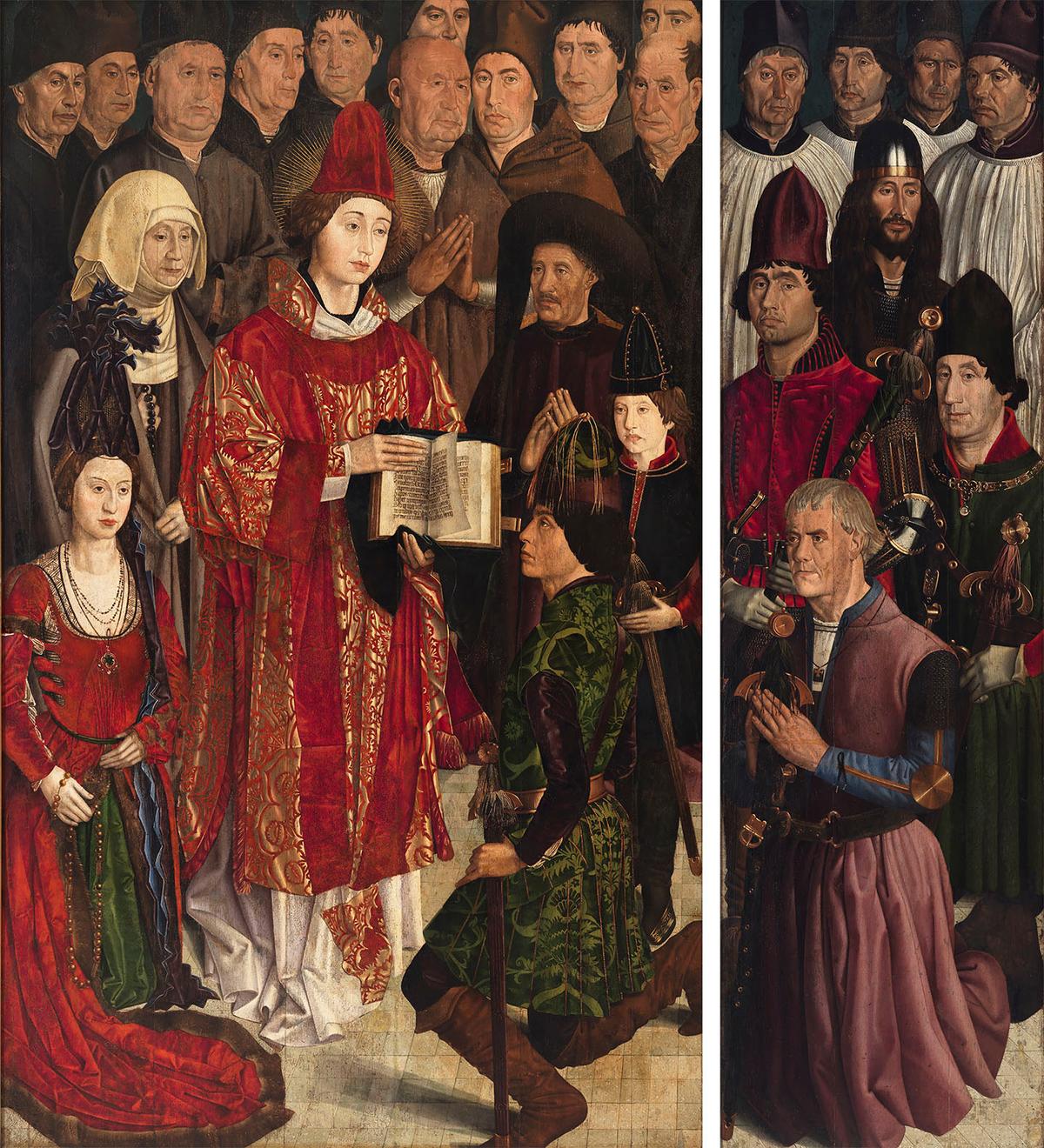 The left image is the left central panel from the "St. Vincent Panels." St. Vincent, clad in red and gold and holding a manuscript, stands in the center surrounded by figures in Portuguese society. The image on the right is from the fifth panel with painted figures of friars, monks, knights, and nobility. (Courtesy of the National Antique Art Museum in Lisbon)