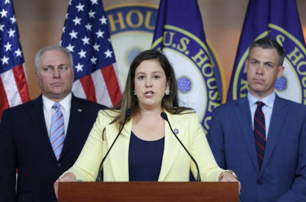 House Republican Conference Chair Elise Stefanik (R-N.Y.) (C) speaks at a press conference, joined by House Republican Whip Steve Scailse (R-La.) (L) and Rep. Jim Banks (R-Ind.), following a Republican caucus meeting, at the U.S. Capitol in Washington on June 8, 2022. (Kevin Dietsch/Getty Images)