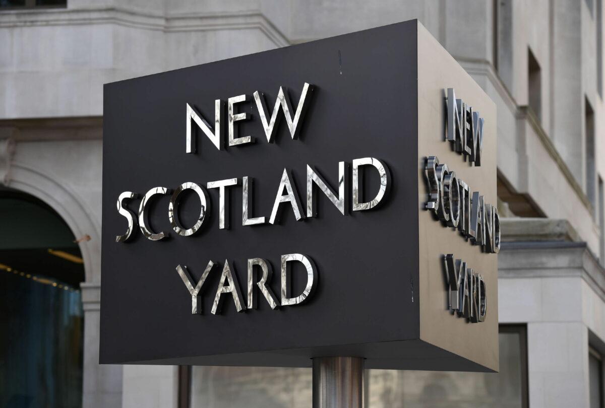 Undated photo showing the New Scotland Yard sign outside the Metropolitan Police headquarters in London. (Kirsty O’Connor/PA Media)
