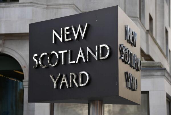 Undated photo showing the New Scotland Yard sign outside the Metropolitan Police headquarters in London. (Kirsty O’Connor/PA Media)