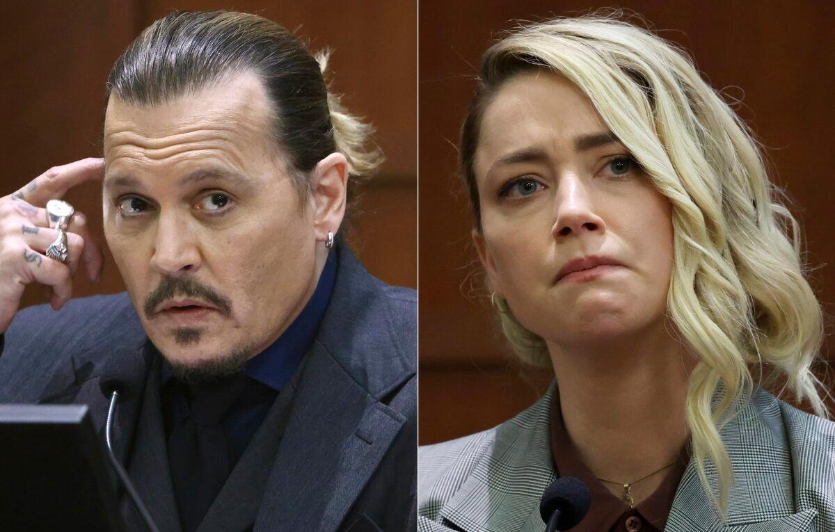 (Left) Actor Johnny Depp testifies at the Fairfax County Circuit Court in Fairfax, Va., on April 21, 2022. (Right) Actor Amber Heard testifies in the same courtroom at the Fairfax County Circuit Court in Fairfax, Va., on May 26, 2022. (AP Photo)