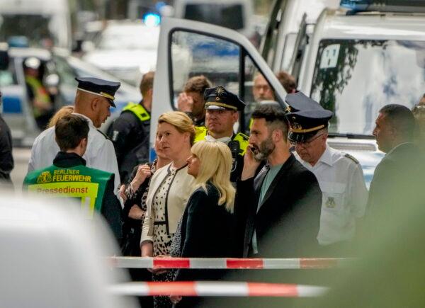 Berlin mayor Franziska Giffey visits the scene where a car crashed into a crowd of people in central Berlin, on June 8, 2022. (Markus Schreiber/AP Photo)