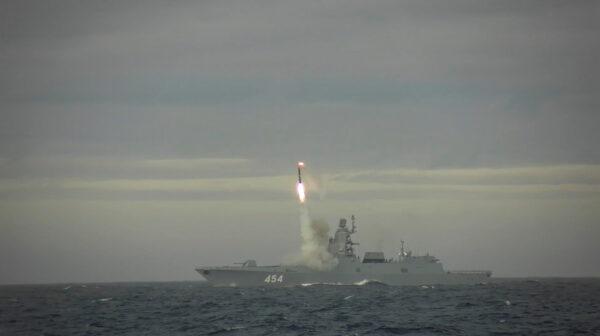 A hypersonic Zircon cruise missile is fired from the guided missile frigate Admiral Gorshkov during a test at the Barents Sea, in this still image taken from a video that was released on May 28, 2022. (Russian Defence Ministry/Handout via Reuters)