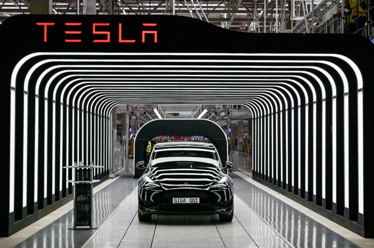 Model Y cars during the opening ceremony of the new Tesla Gigafactory for electric cars in Gruenheide, Germany, on Mar. 22, 2022. (Patrick Pleul/Reuters)