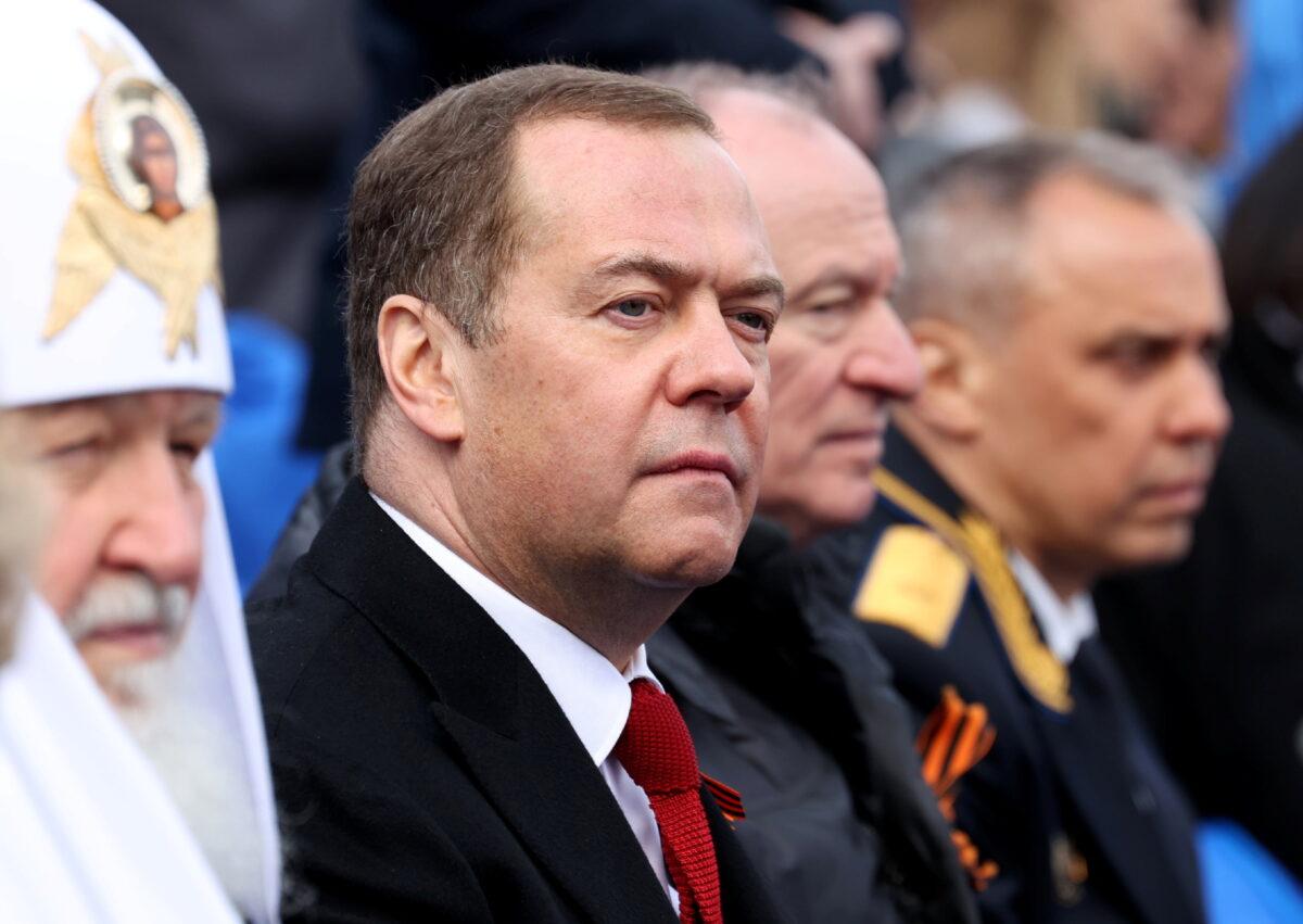 Deputy Chairman of Russia's Security Council Dmitry Medvedev attends a military parade on Victory Day, which marks the 77th anniversary of the victory over Nazi Germany in World War Two, in Red Square in central Moscow, on May 9, 2022. (Sputnik/Ekaterina Shtukina/Pool via Reuters)