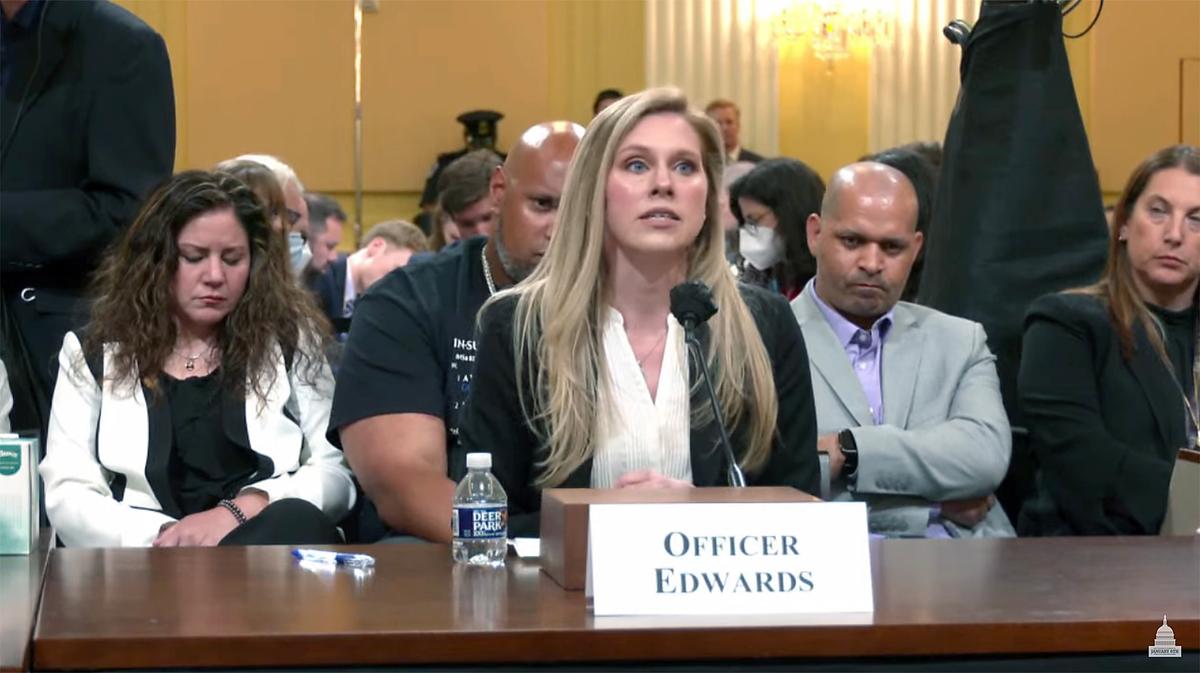 U.S. Capitol Police Officer Carolyn Edwards testifies about injuries she suffered during violence at the Capitol on Jan. 6, 2021. (Jan. 6 Select Committee/Screenshot via The Epoch Times)
