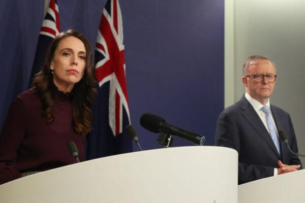 New Zealand Prime Minister Jacinda Ardern (L) speaks during a joint press conference with her Australian counterpart Anthony Albanese in Sydney, Australia, on June 10, 2022. (Lisa Maree Williams/Getty Images)