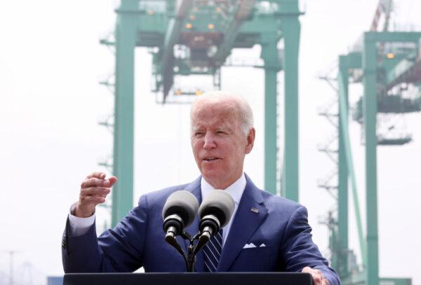 U.S. President Joe Biden delivers remarks aboard the Battleship USS Iowa Museum at the Port of Los Angeles in Los Angeles on June 10, 2022 (Mario Tama/Getty Images)