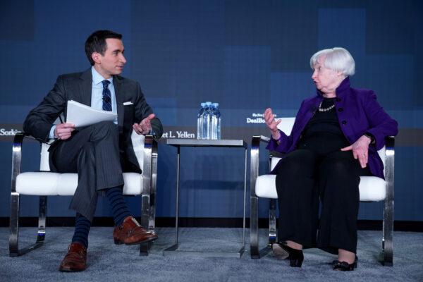 Andrew Ross Sorkin and Janet Yellen speak onstage at The New York Times DealBook/DC policy forum in Washington, on June 9, 2022. (Leigh Vogel/Getty Images for The New York Times)