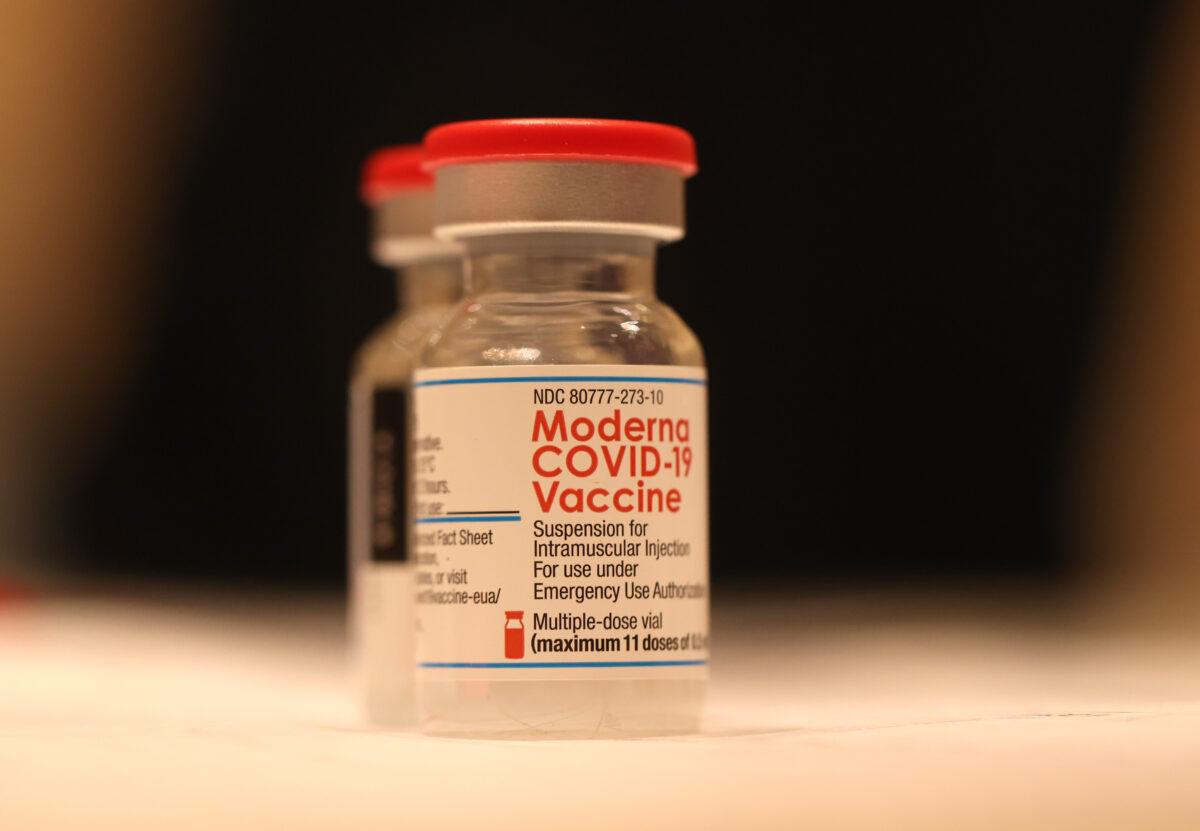 Vials of Moderna's COVID-19 vaccine on a table in a vaccination clinic in San Rafael, Calif., on April 6, 2022. (Justin Sullivan/Getty Images)