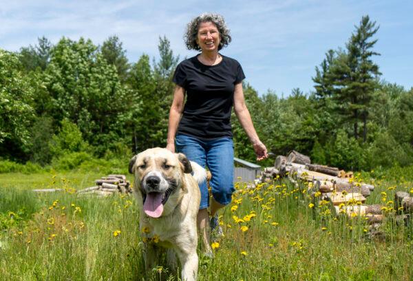 Jody Underwood and her dog go for a brisk walk in the meadows of Croydon, New Hampshire. (Neil Sheehan/The Epoch Times)