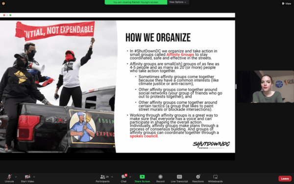 A slide displaying Shut Down D.C.'s preferred decision-making process. Screenshot from a meeting planning the "blockade" of the U.S. Supreme Court in Washington on June 10, 2022. (Jackson Elliott/The Epoch Times)