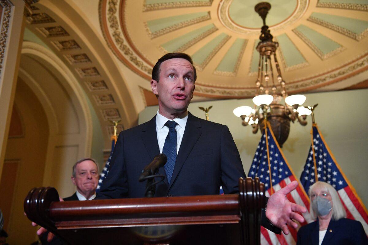 Sen. Chris Murphy (D-Conn.) speaks during a press conference following Senate Democrat policy luncheons at the U.S. Capitol in Washington on June 7, 2022. (Nicholas Kamm/AFP via Getty Images)