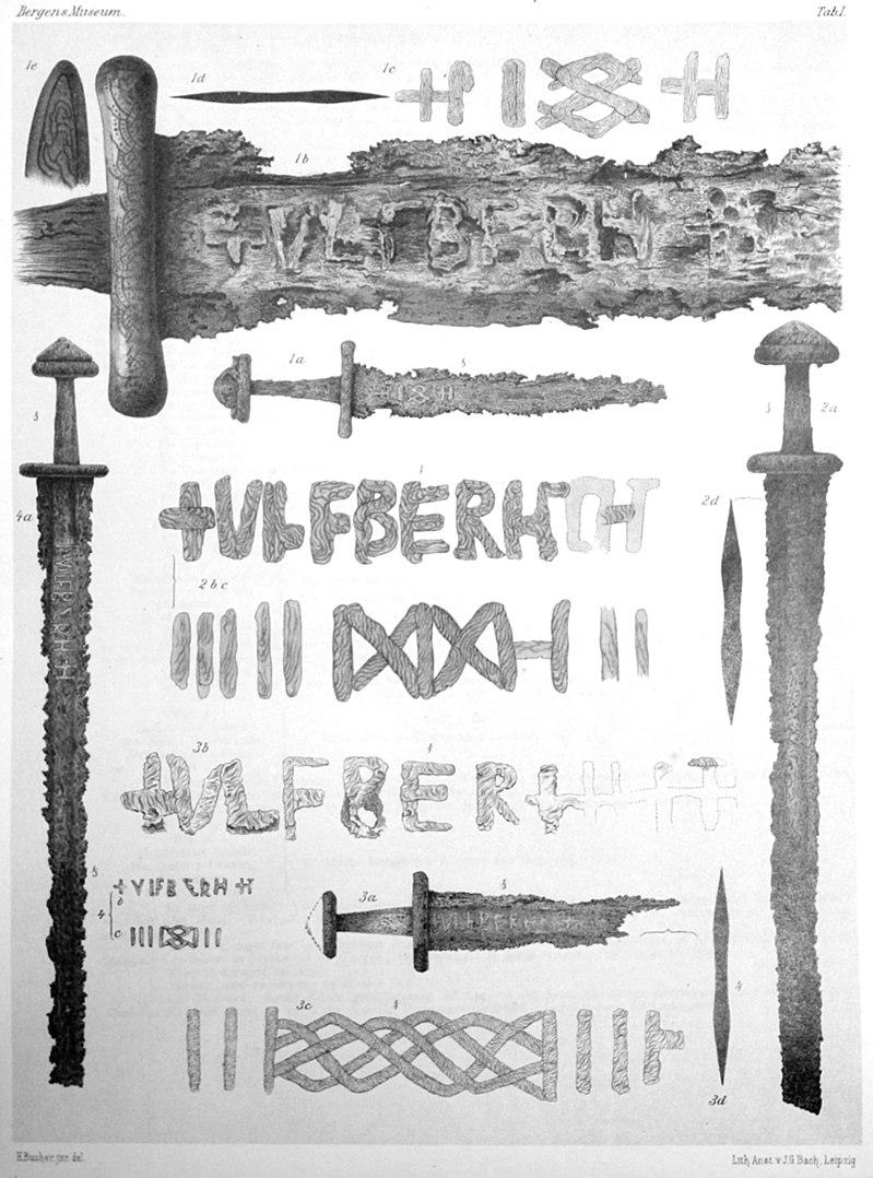 Drawings made in 1889 of four Ulfberht swords found in Norway. (Public Domain)