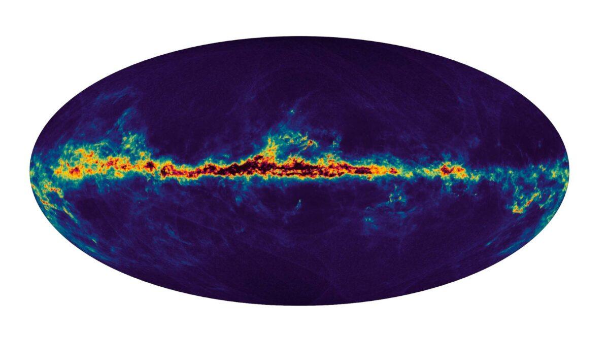  This map shows the interstellar dust that fills the Milky Way. The dark regions in the centre of the Galactic plane in black are the regions with a lot of interstellar dust fading to the yellow as the amount of dust decreases. The dark blue regions above and below the Galactic plane are regions where there is little dust. (ESA Handout via AP)