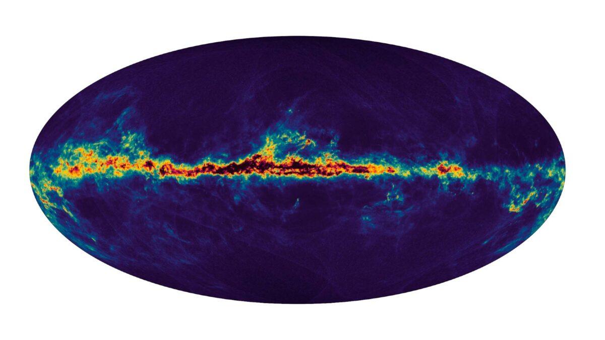 This map shows the interstellar dust that fills the Milky Way. The dark regions in the centre of the Galactic plane in black are the regions with a lot of interstellar dust fading to the yellow as the amount of dust decreases. The dark blue regions above and below the Galactic plane are regions where there is little dust. (ESA Handout via AP)