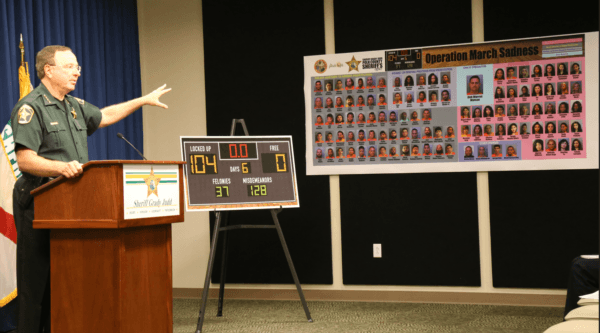 At a March 16 press conference, Sheriff Grady Judd shares that 108 people were arrested by the Polk County Sheriff’s Office Vice Unit during a six-day undercover human trafficking operation, "Operation March Sadness 2,"  which began on March 8, 2022. (Courtesy of the Polk County Sheriff's Department)