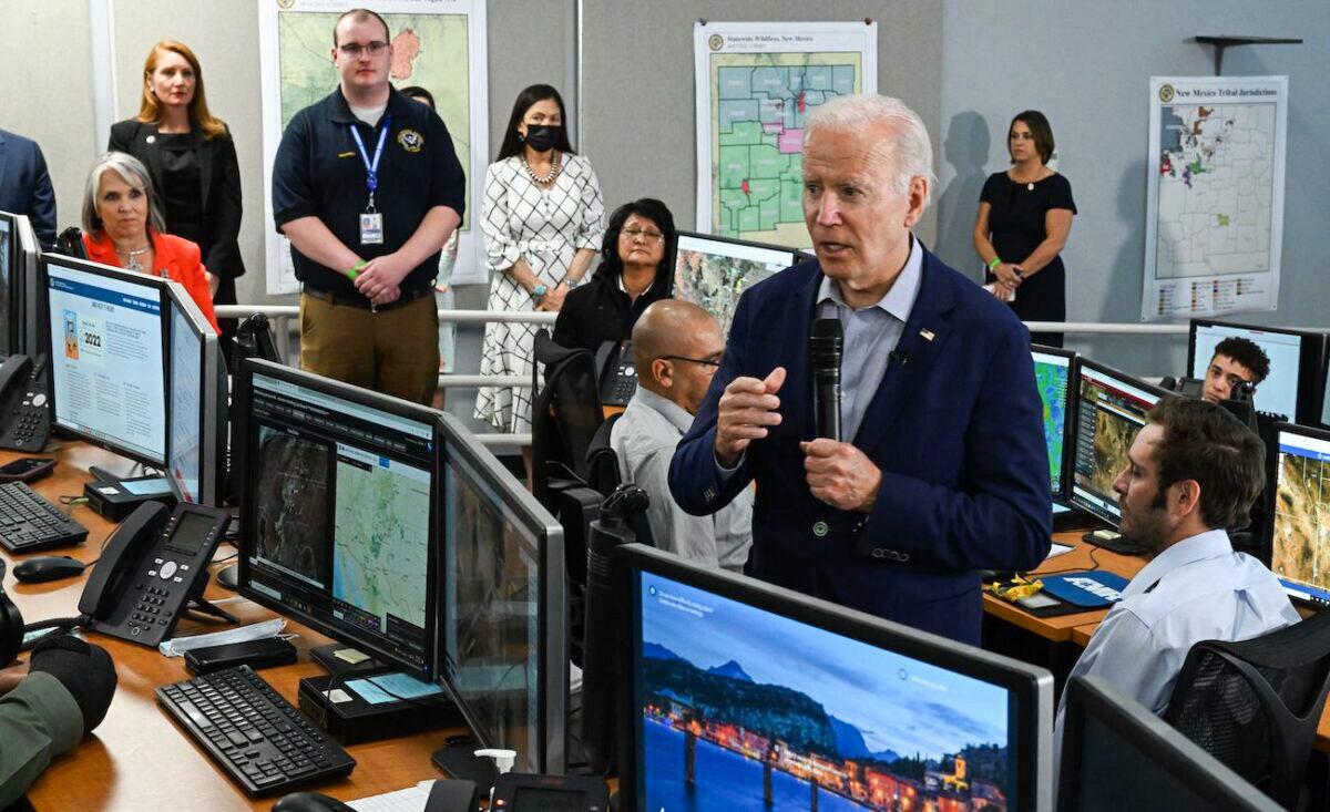 President Joe Biden speaks after attending a briefing on the New Mexico wildfires at the State Emergency Operations Center, Santa Fe, N.M., on June 11, 2022. (Jim Watson/AFP via Getty Images)