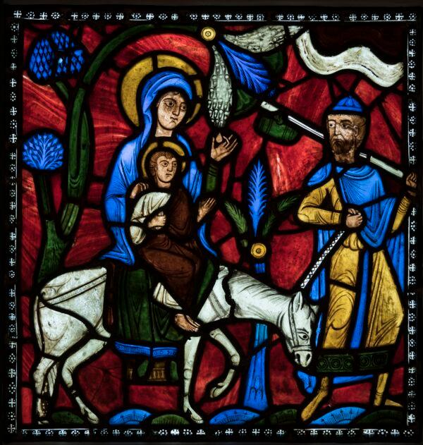 "The Flight into Egypt," believed to be from the "Infancy of Christ Stained-Glass Window," circa 1145, by anonymous. Stained glass; 20 1/2 inches by 19 3/4 inches, from the Basilica of St. Denis, Paris. On loan from The Glencairn Museum, Bryn Athyn, Philadelphia. (Courtesy of Philadelphia Museum of Art)