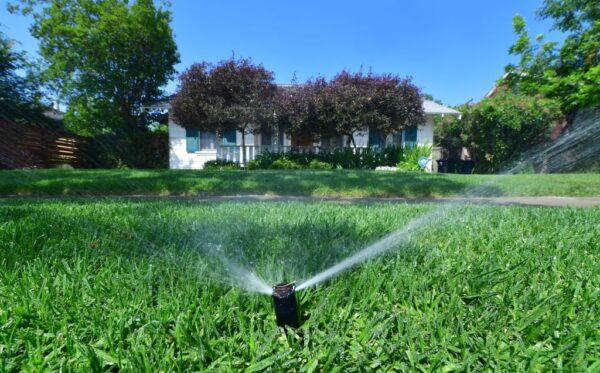 An automated sprinkler waters grass in front of homes in Alhambra, Calif., on April 27, 2022. (Frederic J. Brown/AFP via Getty Images)