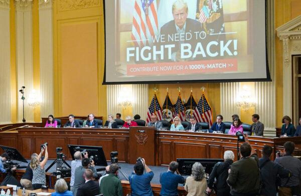 A video of former U.S. President Donald Trump is seen on a screen at the second hearing held by the Jan. 6 Committee on Capitol Hill in Washington on June 13, 2022. (Mandel Ngan-Pool/Getty Images)