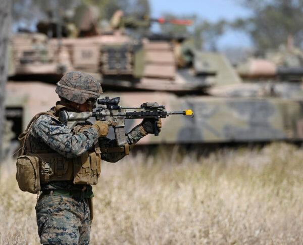 A U.S. Marine from MRF-D (Marine Rotaional Force Darwin) participates in an Urban assault as part of Exercise 'Talisman Sabre 21' in Townsville, Australia on July 27, 2021. (Photo by Ian Hitchcock/Getty Images)