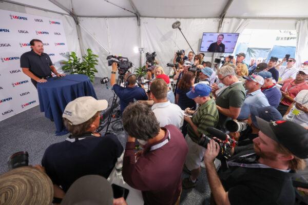 Phil Mickelson of the United States speaks to the media during a press conference prior to the 2022 U.S. Open at The Country Club, in Brookline, Mass., on June 13, 2022. (Warren Little/Getty Images)