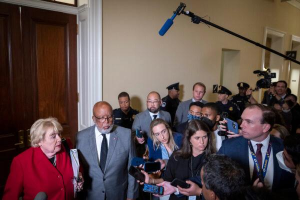 Rep. Zoe Lofgren (D-Calif.) and Rep. Bennie Thompson (D-Miss.) speak to reporters at the end of a hearing on the Jan. 6th investigation in Washington on June 13, 2022. (Drew Angerer/Getty Images)
