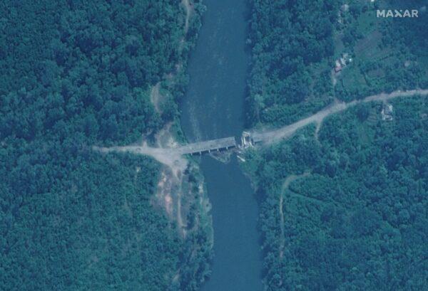A satellite image shows a close up view of a damaged bridge, in Rubizhne, Ukraine, on June 11, 2022. (Maxar Technologies/Handout via Reuters)