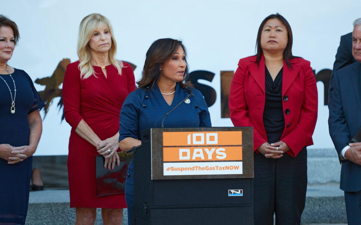 State Senator Rosicilie Ochoa Bogh joins other Republican lawmakers gathered at California's Capitol building to mark the 100th day since their Democratic peers promised gas price relief in Sacramento on June 15, 2022. (Courtesy of the California Republican Senate Caucus)
