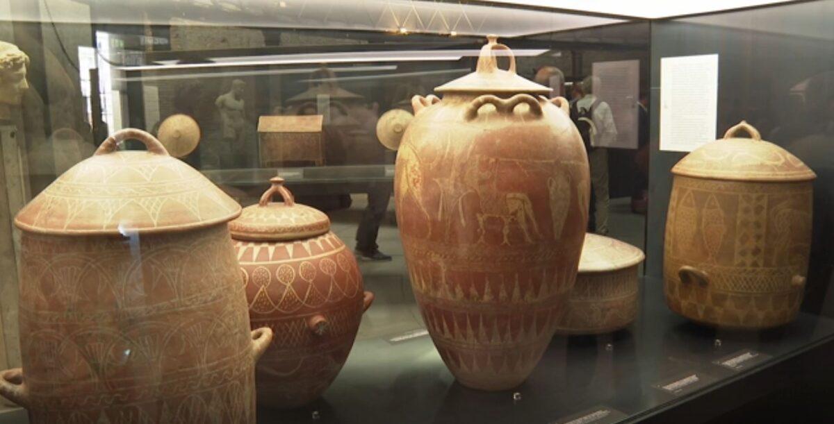 Etruscan jars from the 7th century B.C. are displayed in the new "Museum of Rescued Art" in Rome on June 15, 2022. (AP/Screenshot via The Epoch Times)