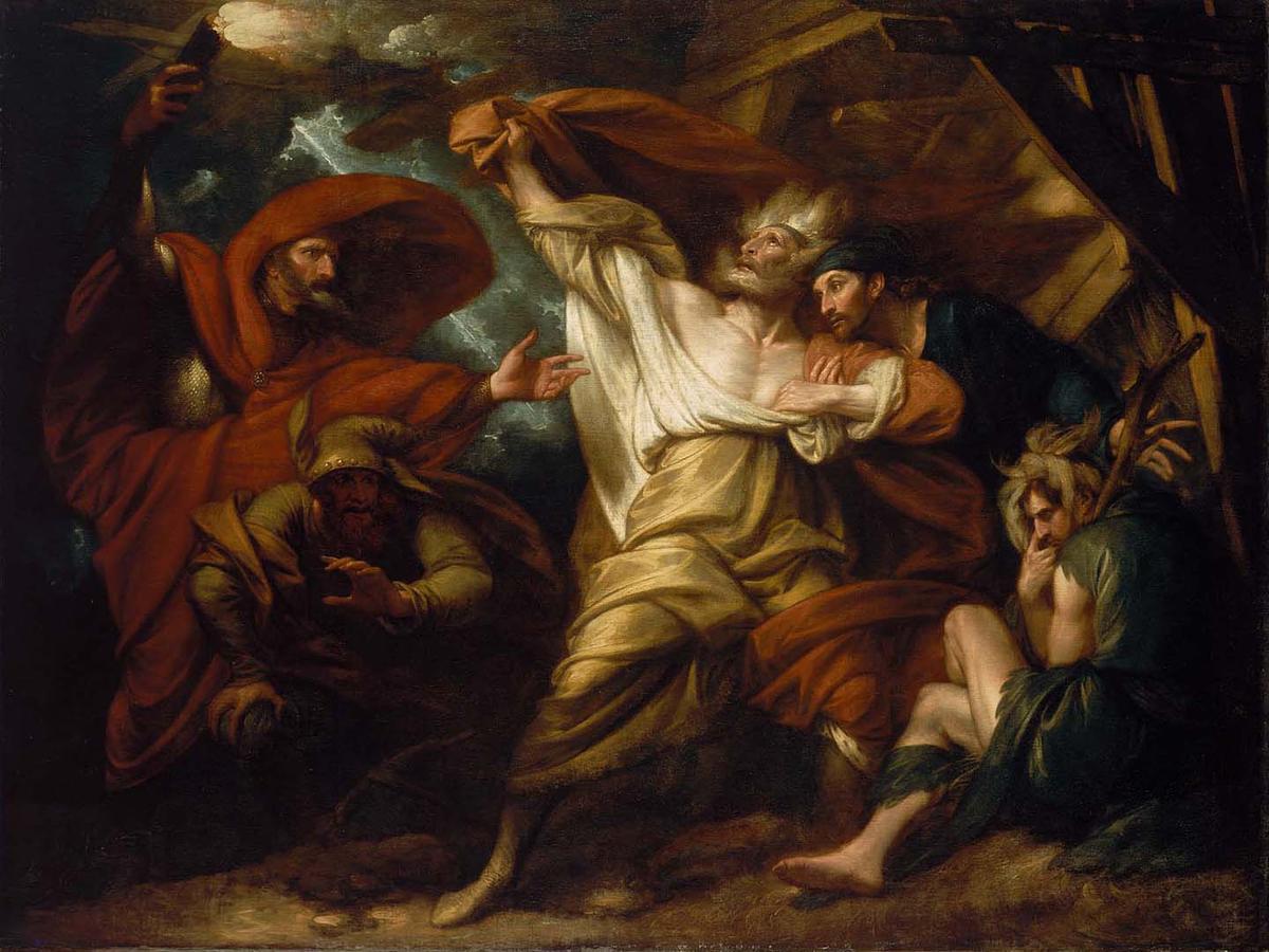 King Lear displaying an unsettled mind; driven out by his daughters, he is pummeled by a storm while the Duke of Kent begs him to take shelter. “King Lear,” 1788, by Benjamin West. Oil on canvas. Detroit Institute of Arts, Michigan. (Public Domain)