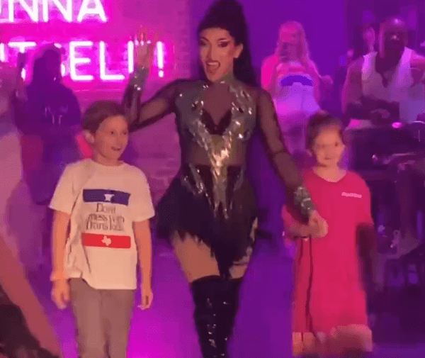 Screenshot from video posted on social media of a June 4, 2022 drag show at a gay bar in Dallas, Texas--billed as "family friendly"--where children were encouraged to participate in the performance and to give the performers money. (With permission from independent journalist Tayler Hansen)